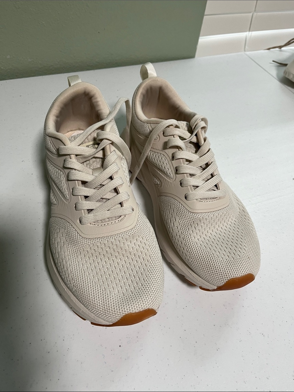 RBX Beige Knit Athletic Sneakers with Gum Toe Accents